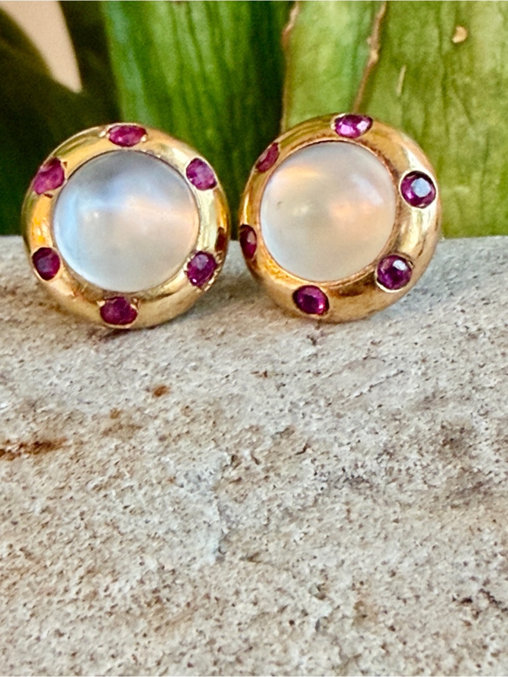 18 karat gold, moonstone, and Ruby earrings